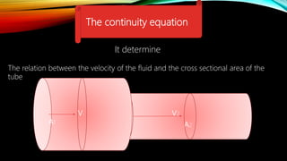 The continuity equation
The relation between the velocity of the fluid and the cross sectional area of the
tube
It determine
A1
V1
A2
V2
 