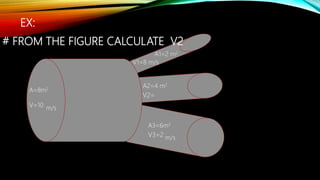 EX:
# FROM THE FIGURE CALCULATE V2
A=8m2
V=10 m/s
A1=2 m2
V1=8 m/s
A2=4 m2
V2=
A3=6m2
V3=2 m/s
 