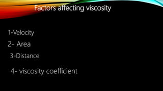 Factors affecting viscosity
1-Velocity
2- Area
3-Distance
4- viscosity coefficient
 