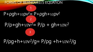FORMS OF BERNOULLI.S EQUATION
2
1
P+ρgh+1/2ρv2= P+ρgh+1/2ρv2
P/ρ+gh+1/2v1
2= P/ρ + gh+1/2v2
2
P/ρg+h+1/2v1
2/g= P/ρg +h+1/2v2
2/g
3
 