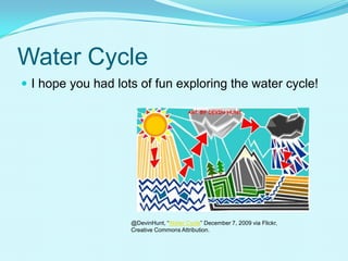 Water Cycle
 I hope you had lots of fun exploring the water cycle!
@DevinHunt, “Water Cycle” December 7, 2009 via Flickr,
Creative Commons Attribution.
 