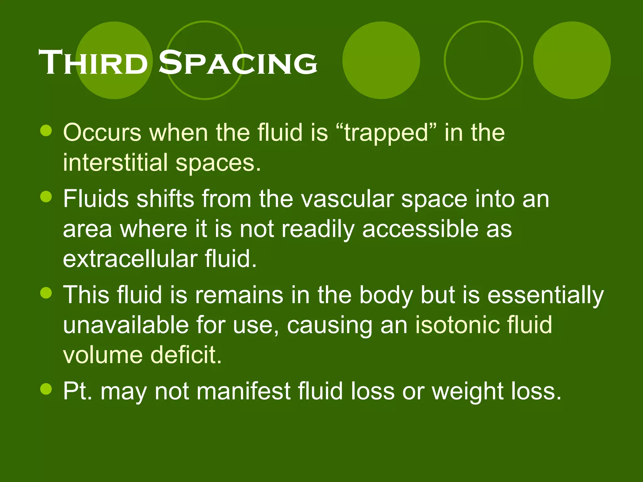 Third Spacing Occurs when the fluid is “trapped” in the interstitial spaces. Fluids shifts from the vascular space into an area where it is not readily accessible as extracellular fluid.  This fluid is remains in the body but is essentially unavailable for use, causing an  isotonic fluid volume deficit. Pt. may not manifest fluid loss or weight loss.  