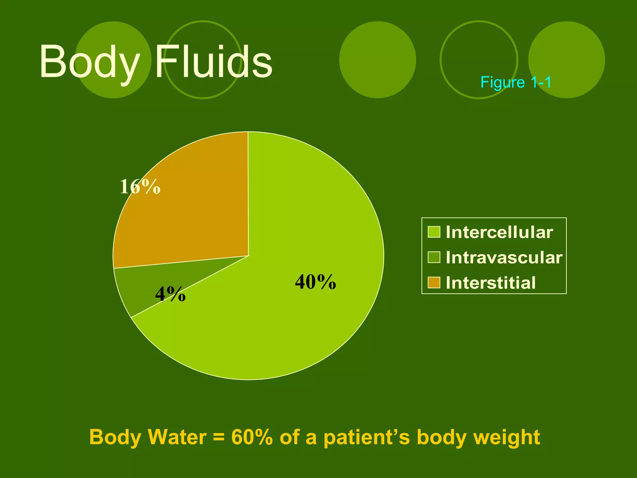 Body Fluids Body Water = 60% of a patient’s body weight 16% 4% 40% Figure 1-1 