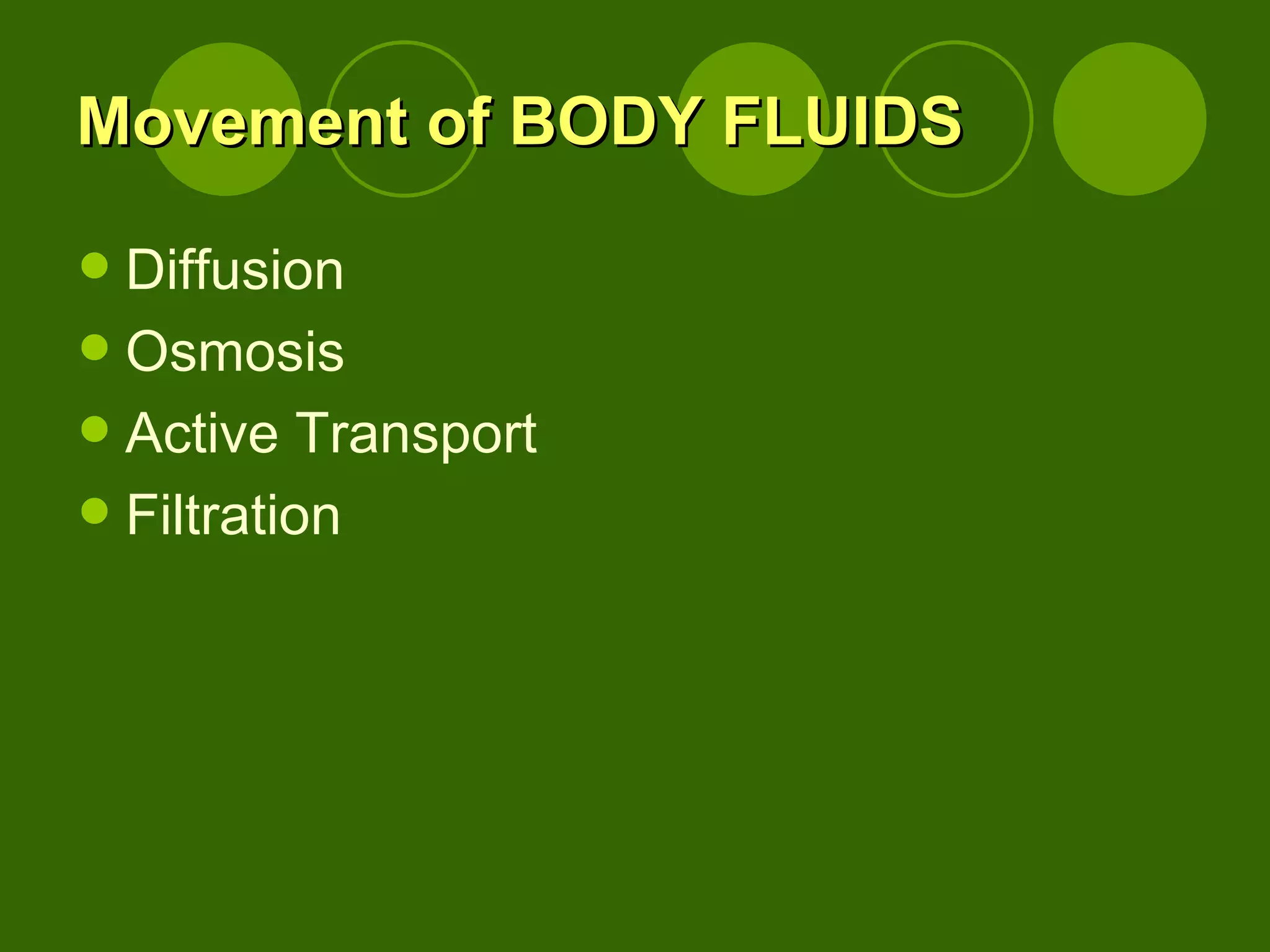 Movement of BODY FLUIDS Diffusion Osmosis Active Transport Filtration 
