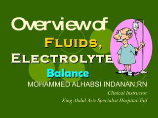 Overview of     Fluids,   Electrolytes     Balance MOHAMMED ALHABSI INDANAN,RN Clinical Instructor King Abdul Aziz Specialist Hospital-Taif 