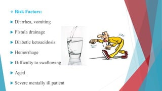  Risk Factors:
 Diarrhea, vomiting
 Fistula drainage
 Diabetic ketoacidosis
 Hemorrhage
 Difficulty to swallowing
 Aged
 Severe mentally ill patient
 