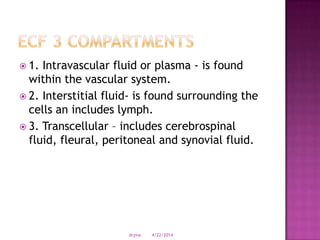  1. Intravascular fluid or plasma - is found
within the vascular system.
 2. Interstitial fluid- is found surrounding the
cells an includes lymph.
 3. Transcellular – includes cerebrospinal
fluid, fleural, peritoneal and synovial fluid.
4/22/2014drjma
 