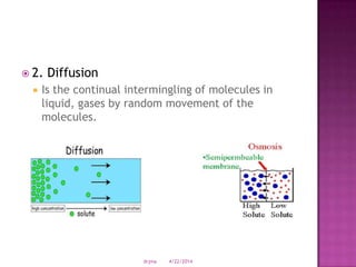  2. Diffusion
 Is the continual intermingling of molecules in
liquid, gases by random movement of the
molecules.
4/22/2014drjma
 