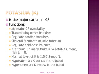  Is the major cation in ICF
 Functions:
 Maintain ICF osmolality
 Transmitting nerve impulses
 Regulate cardiac impulses
 Skeletal & smooth muscle function
 Regulate acid-base balance
 K is found ;in many fruits & vegetables, meat,
fish & milk
 Normal level of K is 3.5-5.3 meq/L
 Hypokalemia : K deficit in the blood
 Hyperkalemia : K excess in the blood
4/22/2014drjma
 