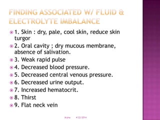  1. Skin : dry, pale, cool skin, reduce skin
turgor
 2. Oral cavity ; dry mucous membrane,
absence of salivation.
 3. Weak rapid pulse
 4. Decreased blood pressure.
 5. Decreased central venous pressure.
 6. Decreased urine output.
 7. Increased hematocrit.
 8. Thirst
 9. Flat neck vein
4/22/2014drjma
 