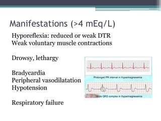 Manifestations (>4 mEq/L)
Hyporeflexia: reduced or weak DTR
Weak voluntary muscle contractions
Drowsy, lethargy
Bradycardia
Peripheral vasodilatation
Hypotension
Respiratory failure
 