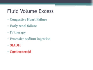 Fluid Volume Excess
▫ Congestive Heart Failure
▫ Early renal failure
▫ IV therapy
▫ Excessive sodium ingestion
▫ SIADH
▫ Corticosteroid
 
