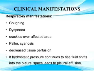 CLINICAL MANIFESTATIONS
Respiratory manifestations:
• Coughing
• Dyspnoea
• crackles over affected area
• Pallor, cyanosis
• decreased tissue perfusion
• If hydrostatic pressure continues to rise fluid shifts
into the pleural space leads to pleural effusion.
 