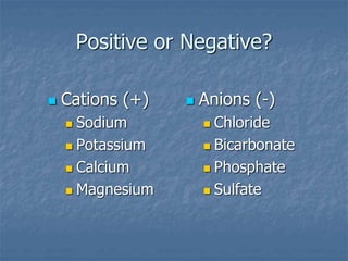 Positive or Negative?
 Cations (+)
 Sodium
 Potassium
 Calcium
 Magnesium
 Anions (-)
 Chloride
 Bicarbonate
 Phosphate
 Sulfate
 