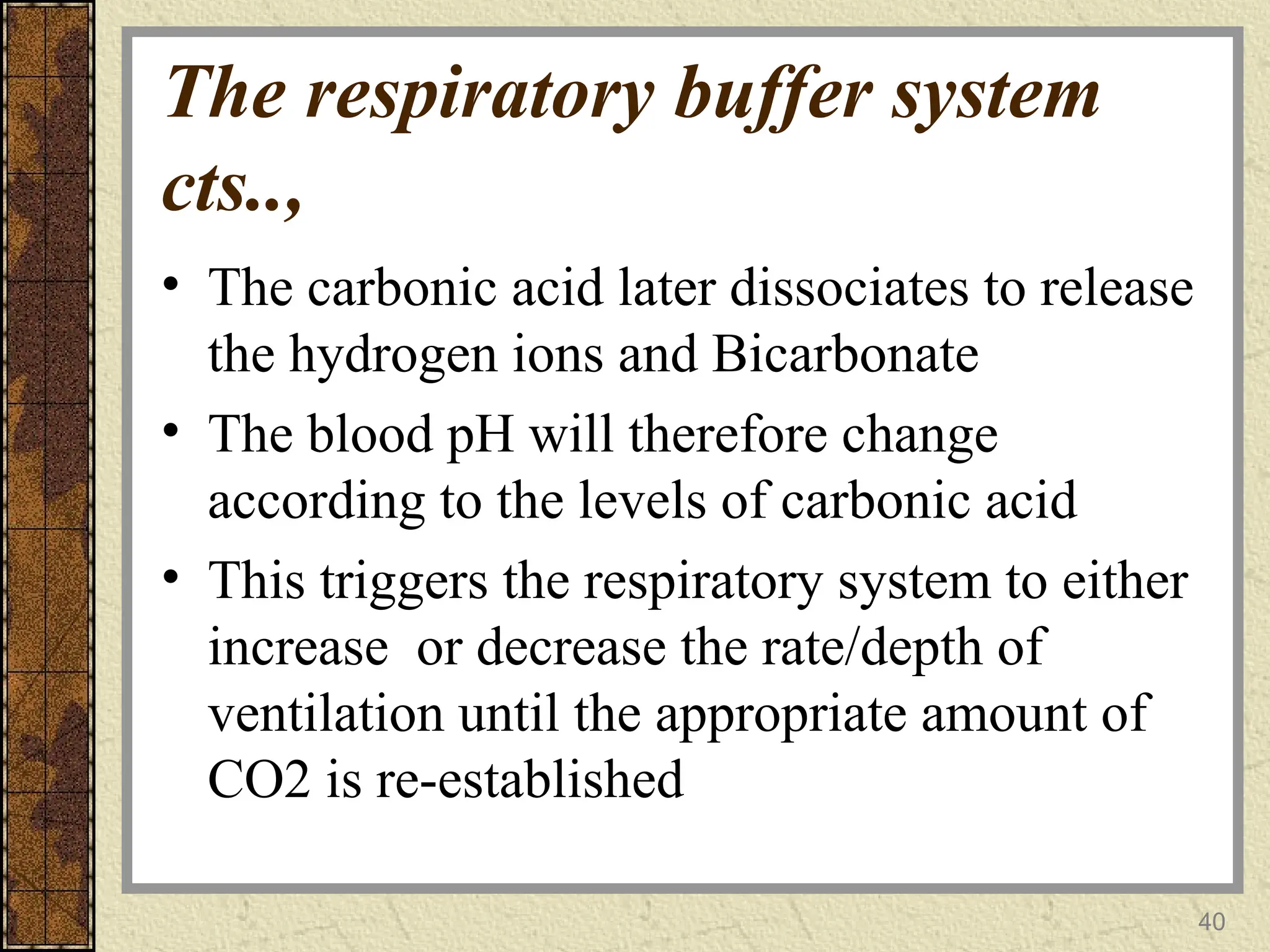 The respiratory buffer system
cts..,
• The carbonic acid later dissociates to release
the hydrogen ions and Bicarbonate
• The blood pH will therefore change
according to the levels of carbonic acid
• This triggers the respiratory system to either
increase or decrease the rate/depth of
ventilation until the appropriate amount of
CO2 is re-established
40
 
