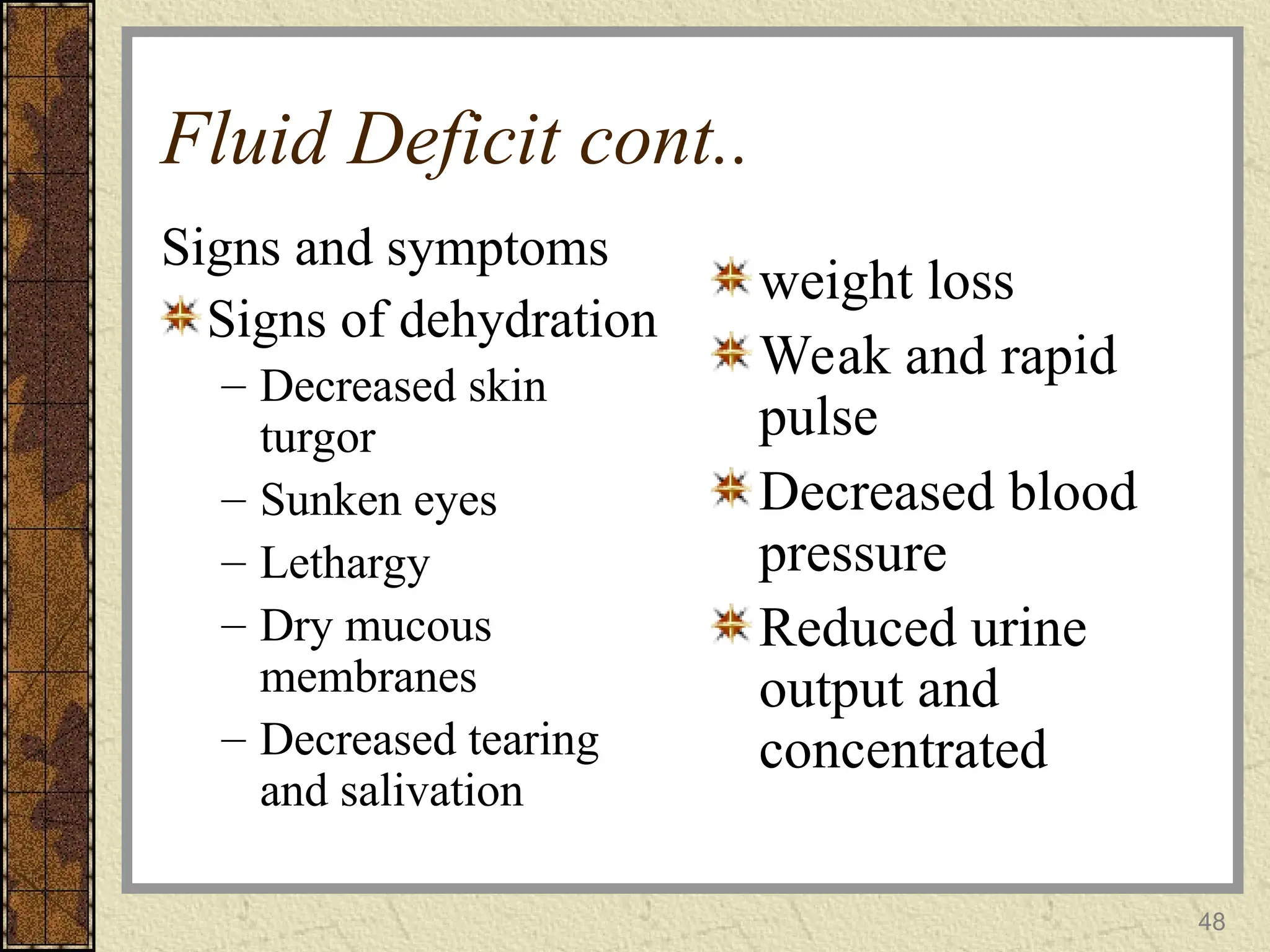 Fluid Deficit cont..
Signs and symptoms
Signs of dehydration
– Decreased skin
turgor
– Sunken eyes
– Lethargy
– Dry mucous
membranes
– Decreased tearing
and salivation
weight loss
Weak and rapid
pulse
Decreased blood
pressure
Reduced urine
output and
concentrated
48
 