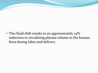  This fluid shift results in an approximately 25%
reduction in circulating plasma volume in the human
fetus during labor and delivery
 