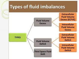 Types of fluid imbalances
TYPES
Fluid Volume
Excess
Extracellular
Fluid Volume
Excess (ECFVE)
Intracellular
Fluid Volume
Excess
Fluid Volume
Deficit
Extracellular
Fluid Volume
Deficit
Intracellular
Fluid Volume
DeficitThird Space Fluid
Shift
 