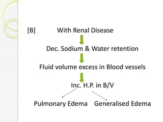 [B] With Renal Disease
Dec. Sodium & Water retention
Fluid volume excess in Blood vessels
Inc. H.P. in B/V
Pulmonary Edema Generalised Edema
 