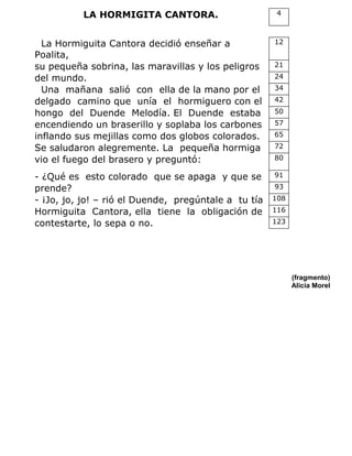 LA HORMIGITA CANTORA. 4
La Hormiguita Cantora decidió enseñar a
Poalita,
12
su pequeña sobrina, las maravillas y los peligros 21
del mundo. 24
Una mañana salió con ella de la mano por el 34
delgado camino que unía el hormiguero con el 42
hongo del Duende Melodía. El Duende estaba 50
encendiendo un braserillo y soplaba los carbones 57
inflando sus mejillas como dos globos colorados. 65
Se saludaron alegremente. La pequeña hormiga 72
vio el fuego del brasero y preguntó: 80
- ¿Qué es esto colorado que se apaga y que se 91
prende? 93
- ¡Jo, jo, jo! – rió el Duende, pregúntale a tu tía 108
Hormiguita Cantora, ella tiene la obligación de 116
contestarte, lo sepa o no. 123
(fragmento)
Alicia Morel
 