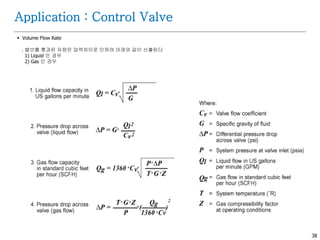 38
 Volume Flow Rate
. 밸브를 통과된 유량은 압력차이로 인하여 아래와 같이 산출된다
1) Liquid 인 경우
2) Gas 인 경우
Application : Control Valve
 
