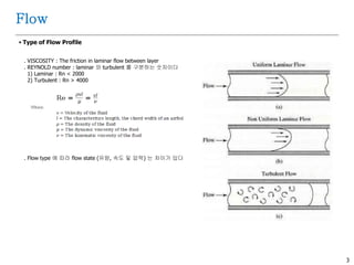 3
Flow
 Type of Flow Profile
. VISCOSITY : The friction in laminar flow between layer
. REYNOLD number : laminar 와 turbulent 를 구분하는 숫자이다
1) Laminar : Rn < 2000
2) Turbulent : Rn > 4000
. Flow type 에 따라 flow state (유량, 속도 및 압력) 는 차이가 있다
 