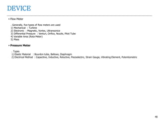 48
DEVICE
 Flow Meter
. Generally, five types of flow meters are used
1) Mechanical : Turbine
2) Electronic : Magnetic, Vortex, Ultransonice
3) Differential Pressure : Venturi, Orifice, Nozzle, Pitot Tube
4) Variable Area (Rota Meter)
5) Mass
 Pressure Meter
. Types
1) Elastic Material : Bourdon tube, Bellows, Diaphragm
2) Electrical Method : Capacitive, Inductive, Reluctive, Piezoelectric, Strain Gauge, Vibrating Element, Potentiometric
 
