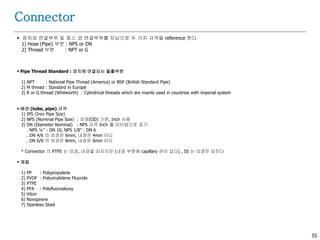 55
Connector
 장치와 연결부위 및 호스 와 연결부위를 지님으로 두 가지 규격을 reference 한다
1) Hose (Pipe) 부분 : NPS or DN
2) Thread 부분 : NPT or G
 Pipe Thread Standard : 장치에 연결되는 돌출부분
1) NPT : National Pipe Thread (America) or BSP (British Standard Pipe)
2) M thread : Standard in Europe
3) R or G thread (Whitworth) : Cylindrical threads which are mainly used in countries with imperial system
 배관 (tube, pipe) 규격
1) IPS (Iron Pipe Size)
2) NPS (Nominal Pipe Size) : 외경(OD) 기준, Inch 사용
3) DN (Diameter Nominal) : NPS 규격 Inch 를 미터법으로 표기
. NPS ¼” : DN 10, NPS 1/8” : DN 6
. DN 4/6 의 외경은 6mm, 내경은 4mm 이다
. DN 6/8 의 외경은 8mm, 내경은 6mm 이다
* Connector 의 PTFE 는 외경, 내경을 따지지만 (내경 부분에 capillary 관이 있다) , SS 는 외경만 따진다
 재질
1) PP : Polypropylene
2) PVDF : Polyvinylidene Fluoride
3) PTFE
4) PFA : Polyfluoroakoxy
5) Viton
6) Novoprene
7) Stainless Steel
 