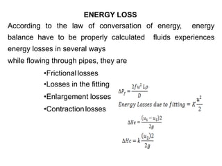 ENERGY LOSS
According to the law of conversation of energy, energy
balance have to be properly calculated fluids experiences
energy losses in several ways
while flowing through pipes, they are
•Frictional losses
•Losses in the fitting
•Enlargement losses
•Contractionlosses
 