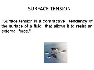 SURFACE TENSION
"Surface tension is a contractive tendency of
the surface of a fluid that allows it to resist an
external force."
 