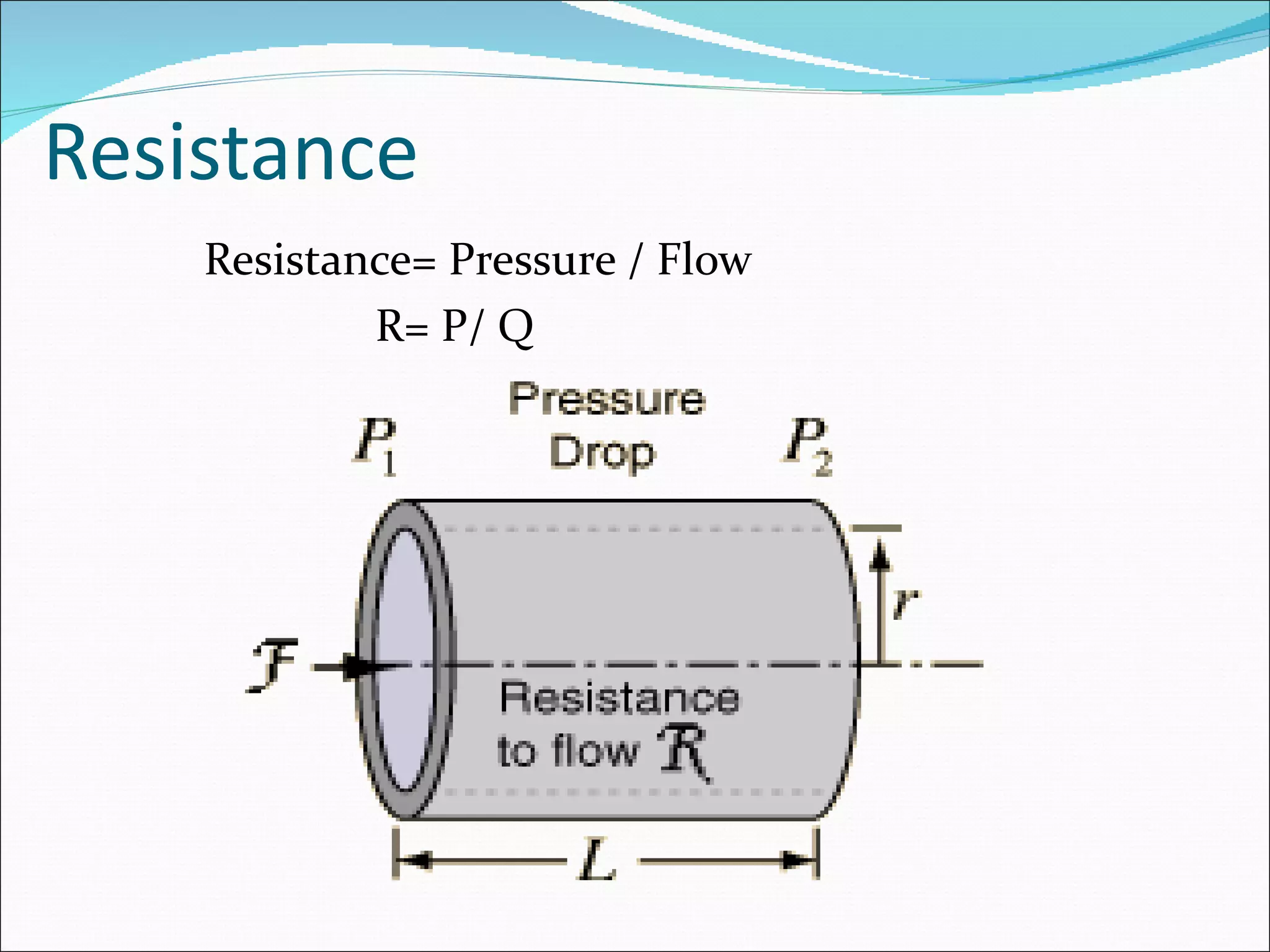 Resistance
    Resistance= Pressure / Flow
            R= P/ Q
 
