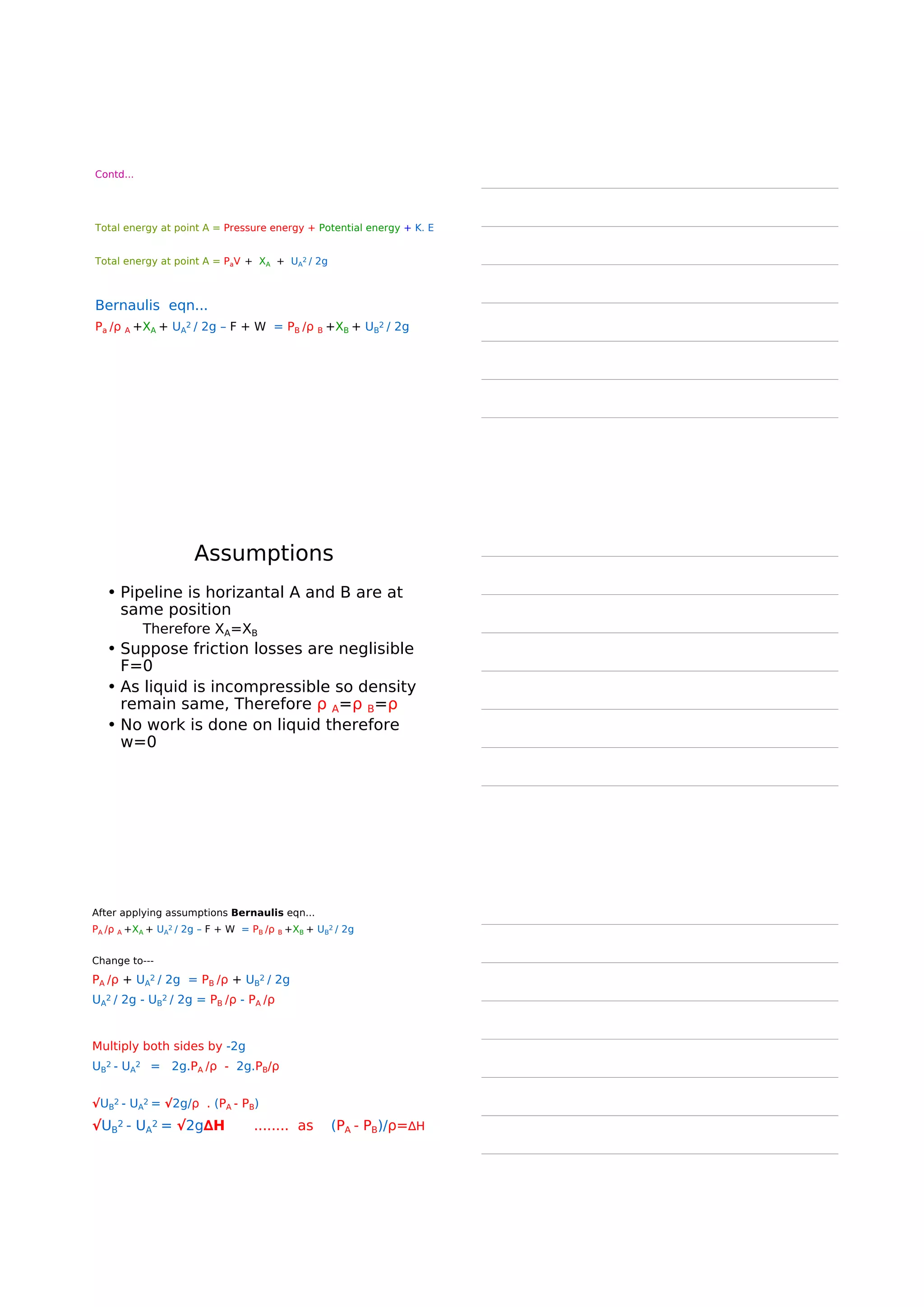 P1s = P2s + volume x density x g
= P2s + height x area x density x g
P1s = P2s + h1 S ρ g
Since surface area is same
P1 = Ps + h1 ρ g
Pressure acting on point 2 may be written as
P2 = Ps + h2 ρ g
Difference in the pressure is --
P2 - P1 = g (Ps + h2 ρ ) – ( Ps + h1 ρ) g
∆P = (Ps + h2 ρ – Ps - h1 ρ ) g
∆P = ∆ h ρ g [F=Volume.ρ g]
 