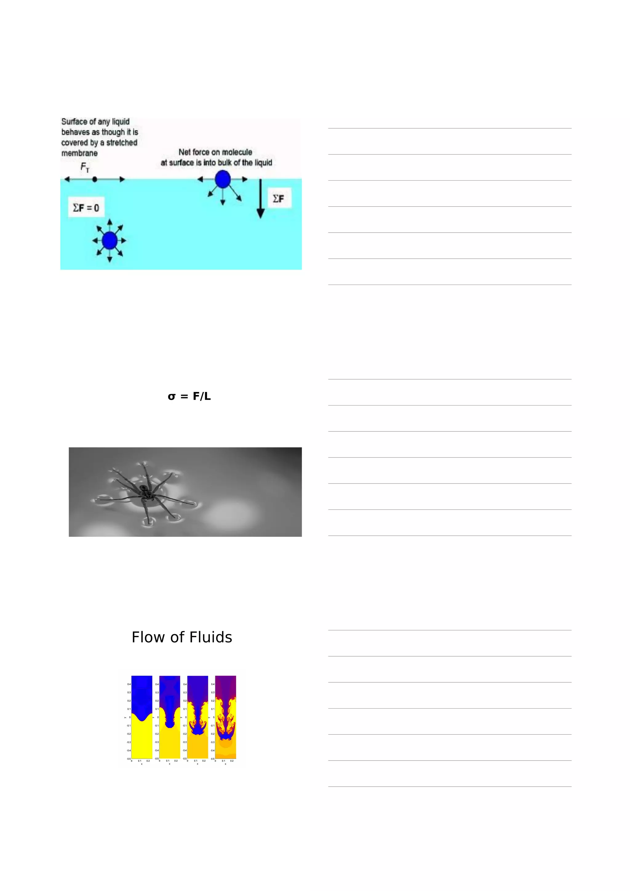 Fluid flow
• Mention fluid properties such as viscosity,
compressibility and surface tension of
fluids.
• Hydrostatics (Fluidststics) influencing
fluid flow.
• Fluid dynamics‐ Bernoulli’s theorem,
flow of fluids in pipes, laminar and
turbulent flow.
 