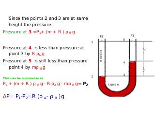 Since the points 2 and 3 are at same
height the pressure
Pressure at 3 =P1+ (m + R ) ρ B g
Pressure at 4 is less than pressure at
point 3 by R ρA g
Pressure at 5 is still less than pressure at
point 4 by mρ B g
This can be summarise as
P1 + (m + R ) ρ B g - R ρA g - mρ B g= P2
∆P= P1-P2=R (ρ A- ρ B )g
 