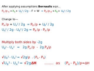 After applying assumptions Bernaulis eqn...
PA /ρ A +XA + UA
2 / 2g – F + W = PB /ρ B +XB + UB
2 / 2g
Change to---
PA /ρ + UA
2 / 2g = PB /ρ + UB
2 / 2g
UA
2 / 2g - UB
2 / 2g = PB /ρ - PA /ρ
Multiply both sides by -2g
UB
2 - UA
2 = 2g.PA /ρ - 2g.PB/ρ
√UB
2 - UA
2 = √2g/ρ . (PA - PB)
√UB
2 - UA
2 = √2g∆H ........ as (PA - PB)/ρ=∆H
 