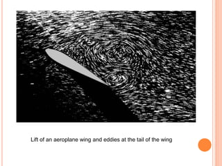 Lift of an aeroplane wing and eddies at the tail of the wing
 