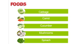 FOODS
Cabbage
Carrot
Cucumber
Mushrooms
Spinach
 
