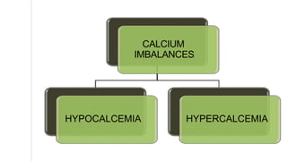 CALCIUM
IMBALANCES
HYPOCALCEMIA HYPERCALCEMIA
 