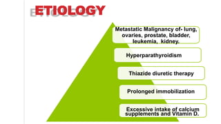 ETIOLOGY
Metastatic Malignancy of- lung,
ovaries, prostate, bladder,
leukemia, kidney.
Hyperparathyroidism
Thiazide diuretic therapy
Prolonged immobilization
Excessive intake of calcium
supplements and Vitamin D.
 