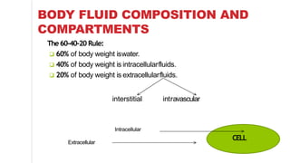 BODY FLUID COMPOSITION AND
COMPARTMENTS
The60-40-20 Rule:
 60% of body weight iswater.
 40% of body weight is intracellularfluids.
 20% of body weight is extracellularfluids.
interstitial intravascular
CELL
Intracellular
Extracellular
 