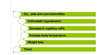 Dry , pale and coolextremities.
Orthostatic hypotension.
Decreasein capillary refill.
Increase body temperature.
Weight loss.
Thirst.
 