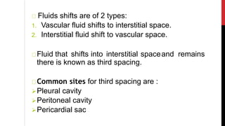 Fluids shifts are of 2 types:
1. Vascular fluid shifts to interstitial space.
2. Interstitial fluid shift to vascular space.
Fluid that shifts into interstitial spaceand remains
there is known as third spacing.
Common sites for third spacing are :
Pleural cavity
Peritoneal cavity
Pericardial sac
 