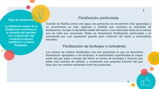 Fluidización particulada
Cuando se fluidiza arena con agua, las partículas se encuentran más separadas y
su movimiento es más vigoroso a medida que aumenta la velocidad de
fluidización, aunque la densidad media del lecho a una velocidad dada es la misma
que en toda sus secciones. Éstas se denominan fluidización particulada y se
caracteriza por una expansión grande pero uniforme del lecho a velocidades
elevadas.
Tipos de fluidización
La utilización amplia de la
fluidización comienza en
la industria del petróleo
con el desarrollo del
cracking (craqueo)
catalítico en el lecho
fluidizado.
Fluidización de burbujeo o turbulento
Los lechos de sólidos fluidizados con aire presentan lo que se denomina
fluidización agregativa o de burbujeo. A velocidades superficiales la mayor
parte del gas pasa a través del lecho en forma de burbujas o huecos que
están casi exentos de sólidos, y solamente una pequeña fracción del gas
fluye por los canales existentes entre las partículas.
7
 