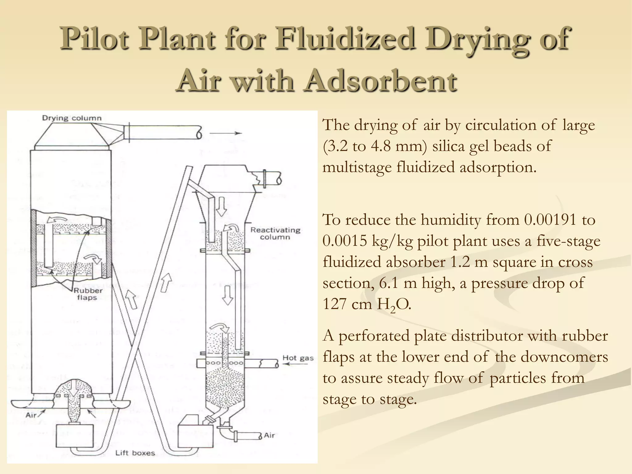 Pilot Plant for Fluidized Drying of
Air with Adsorbent
The drying of air by circulation of large
(3.2 to 4.8 mm) silica gel beads of
multistage fluidized adsorption.
To reduce the humidity from 0.00191 to
0.0015 kg/kg pilot plant uses a five-stage
fluidized absorber 1.2 m square in cross
section, 6.1 m high, a pressure drop of
127 cm H2O.
A perforated plate distributor with rubber
flaps at the lower end of the downcomers
to assure steady flow of particles from
stage to stage.
 