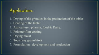 1. Drying of the granules in the production of the tablet
2. Coating of the tablet
3. Agriculture , pharma, food & Dairy.
4. Polymer film coating
5. Drying moist
6. Top spray granulators
7. Formulation , development and production
14
 