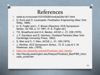 References
1. nptel.ac.in/courses/103103026/module2/lec18/1.html
2. D. Kunii and O. Levenspiel, Fluidization Engineering (New York:
Wiley, 1968).
3. H. S. Fogler and L. F. Brown [Reactors, ACS Symposium
Series, vol.168, p. 31 1981, H. S. Fogler ed.]
4. T.E. Broadhurst and H.A. Becker, AIChE J., 21, 238 (1975).
5. J. F. Davidson and D. Harrison, Fluidized Particles (New York:
Cambridge University Press, 1963).
6. S. Mori and C. Y. Wen, AIChE J., 21, 109 (1975).
7. J. Werther, ACS Symposium Series., 72, D. Luss & V. W.
Weekman, eds. (1978).
8. https://en.wikipedia.org/wiki/Fluidized_bed_reactor
9. http://faculty.washington.edu/finlayso/Fluidized_Bed/FBR_Intro/
uses_scroll.htm
34
 