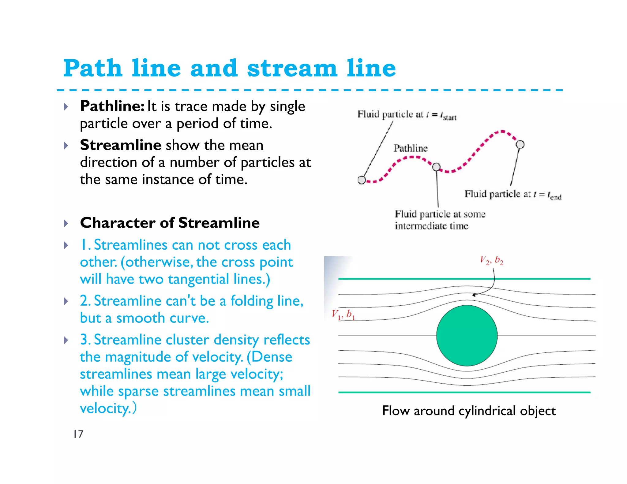 Path line and stream line
17
Pathline: It is trace made by single
particle over a period of time.
Streamline show the mean
direction of a number of particles at
the same instance of time.
Character of Streamline
1. Streamlines can not cross each
other. (otherwise, the cross point
will have two tangential lines.)
2. Streamline can't be a folding line,
but a smooth curve.
3. Streamline cluster density reflects
the magnitude of velocity. (Dense
streamlines mean large velocity;
while sparse streamlines mean small
velocity.） Flow around cylindrical object
 