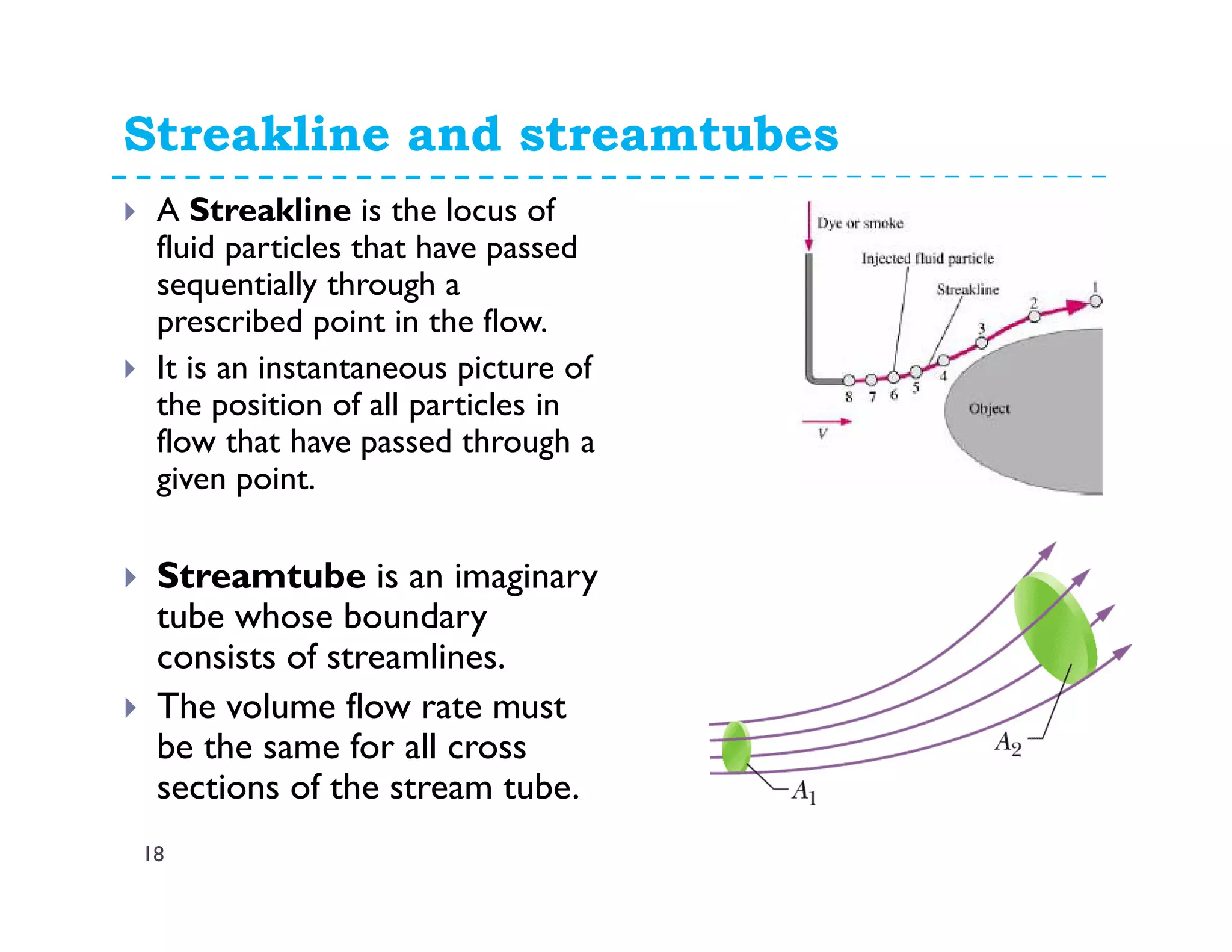 Streakline and streamtubes
18
A Streakline is the locus of
fluid particles that have passed
sequentially through a
prescribed point in the flow.
It is an instantaneous picture of
the position of all particles in
flow that have passed through a
given point.
Streamtube is an imaginary
tube whose boundary
consists of streamlines.
The volume flow rate must
be the same for all cross
sections of the stream tube.
 