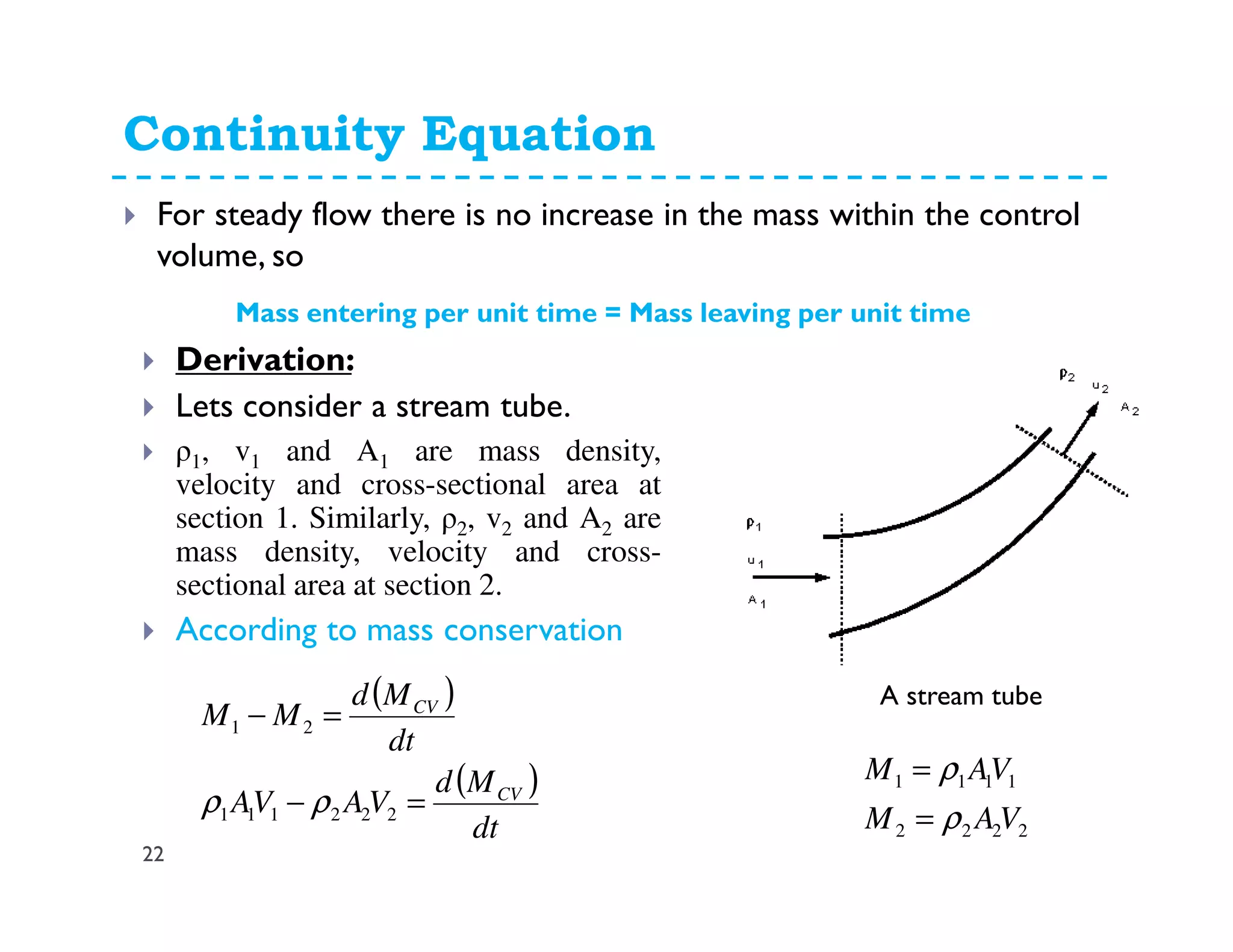 Continuity Equation
22
For steady flow there is no increase in the mass within the control
volume, so
Mass entering per unit time = Mass leaving per unit time
A stream tube
Derivation:
Lets consider a stream tube.
ρ1, v1 and A1 are mass density,
velocity and cross-sectional area at
section 1. Similarly, ρ2, v2 and A2 are
mass density, velocity and cross-
sectional area at section 2.
According to mass conservation
2222
1111
VAM
VAM
ρ
ρ
=
=
( )
( )
dt
Md
VAVA
dt
Md
MM
CV
CV
=−
=−
222111
21
ρρ
 