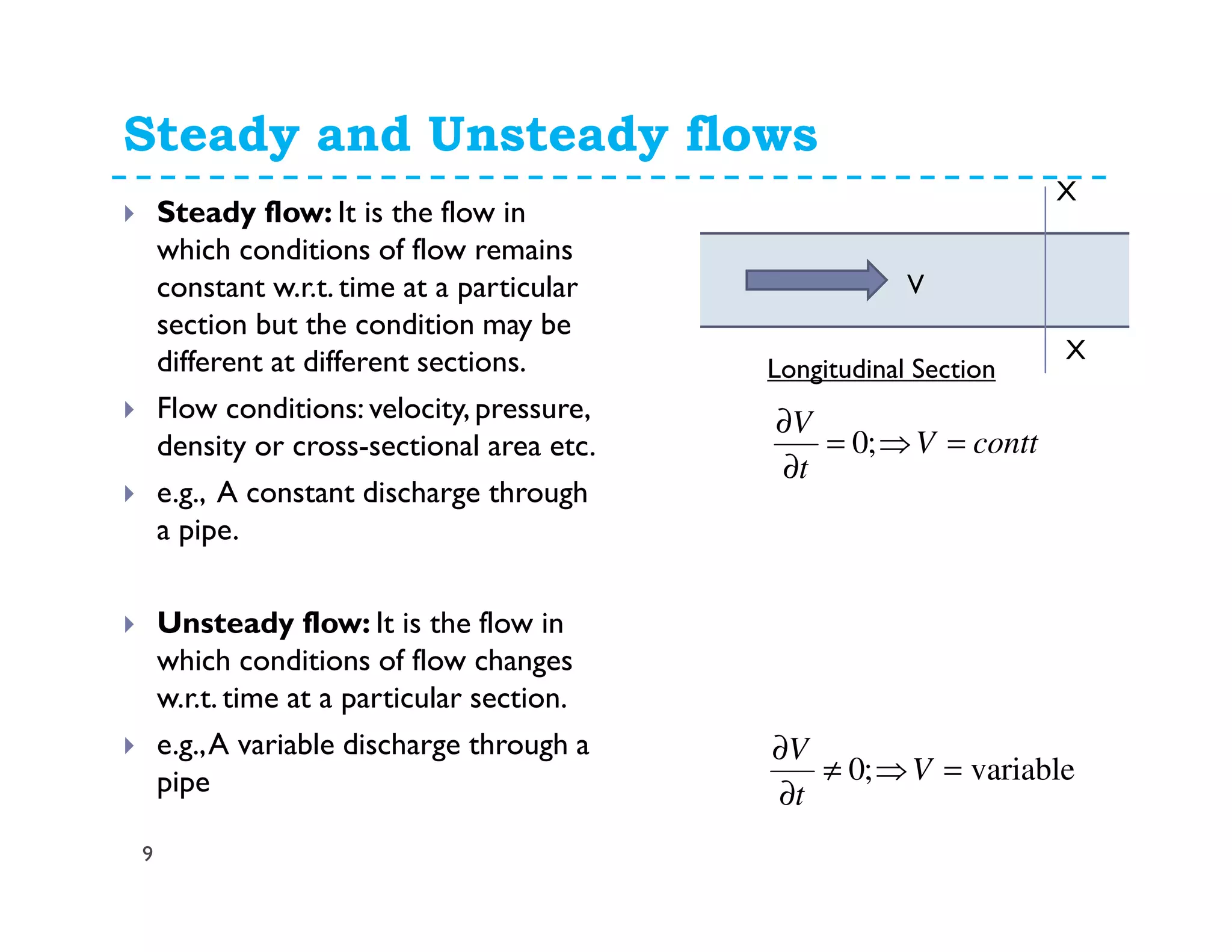 Steady and Unsteady flows
9
Steady flow: It is the flow in
which conditions of flow remains
constant w.r.t. time at a particular
section but the condition may be
different at different sections.
Flow conditions: velocity, pressure,
density or cross-sectional area etc.
e.g., A constant discharge through
a pipe.
Unsteady flow: It is the flow in
which conditions of flow changes
w.r.t. time at a particular section.
e.g.,A variable discharge through a
pipe
V
Longitudinal Section
X
X
conttV
t
V
=⇒=
∂
∂
;0
variable;0 =⇒≠
∂
∂
V
t
V
 